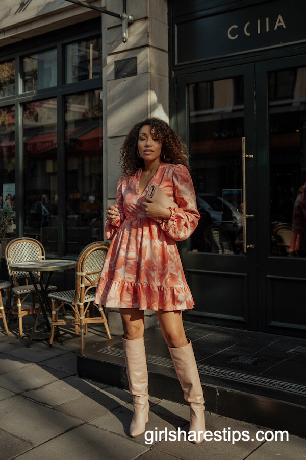 Cream Boots with Floral Mini Dress