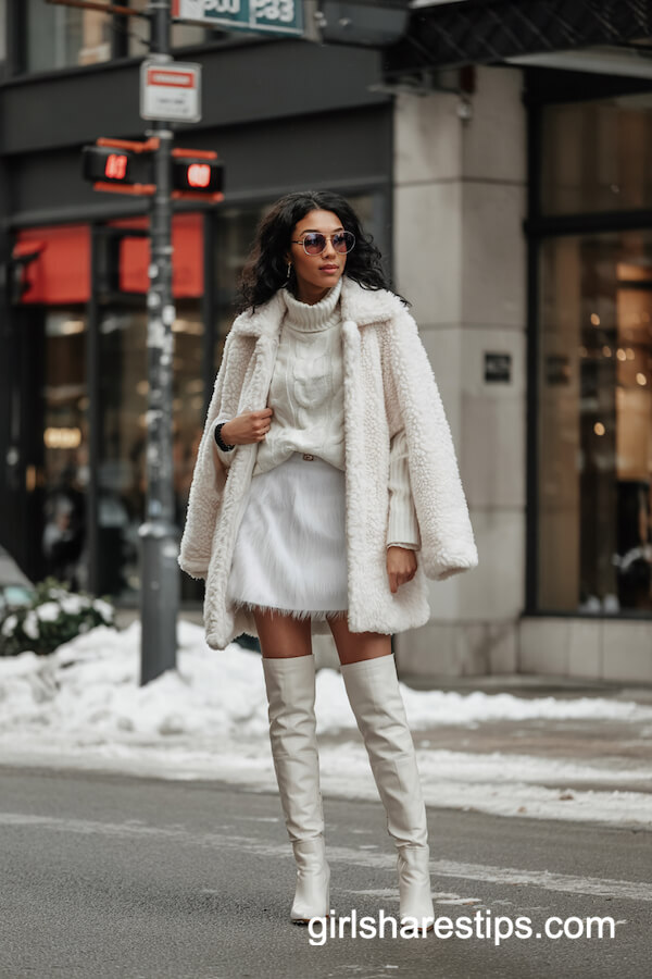 White Leather Boots with White Skirt and Fluffy Coat