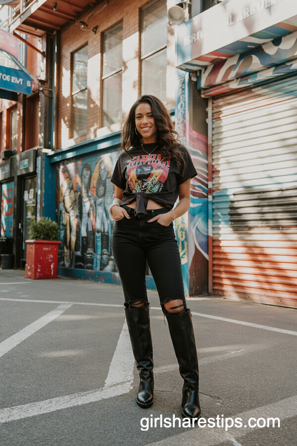 Black Knee High Boots with Ripped Jeans and Cropped Tee