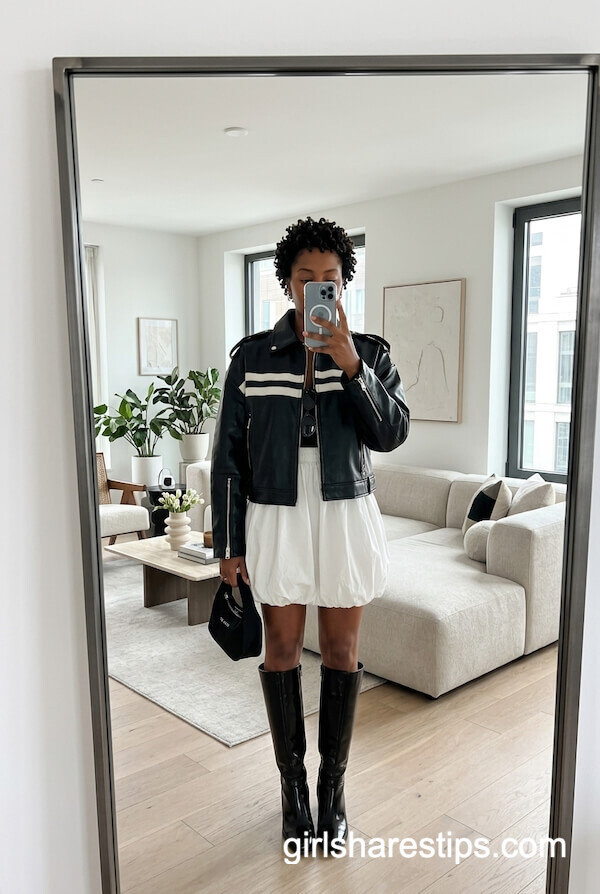 Knee High Boots with Bomber Jacket and Bubble Skirt
