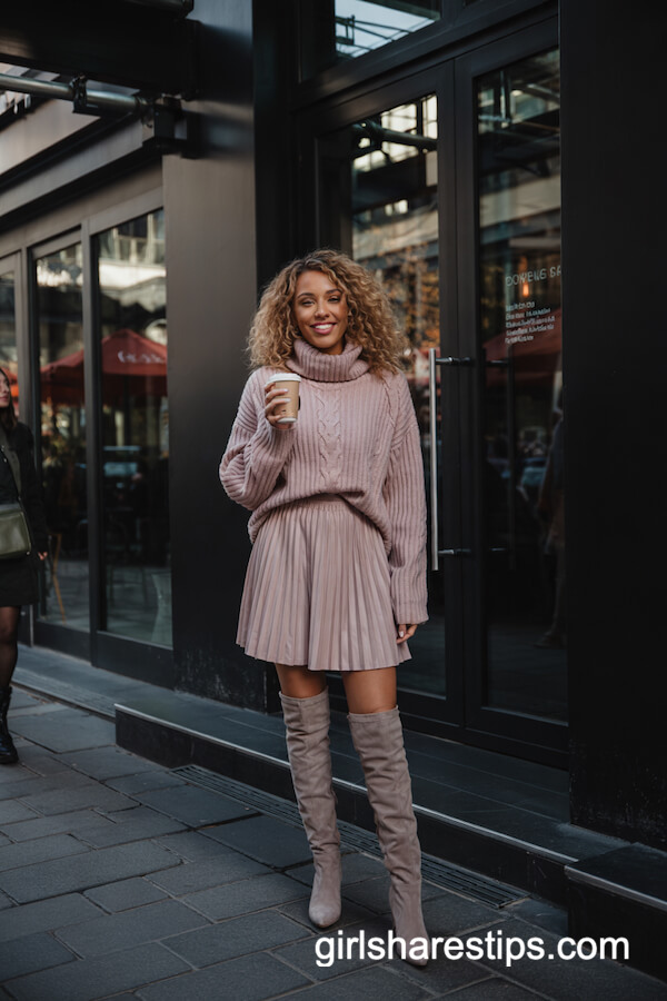 Gray Suede Boots with Pink Oversized Sweater and Mini Skirt