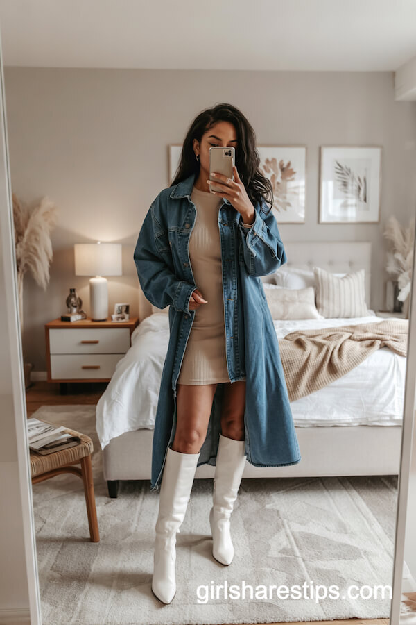 White Boots with Denim Jacket and Ribbed Dress
