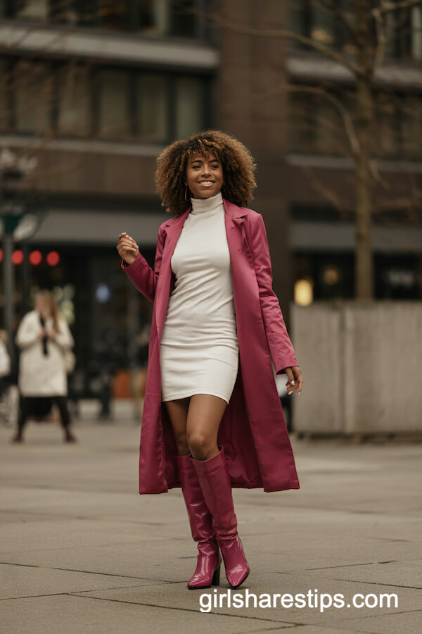 Red Boots with Pink Blazer and White Turtleneck Dress