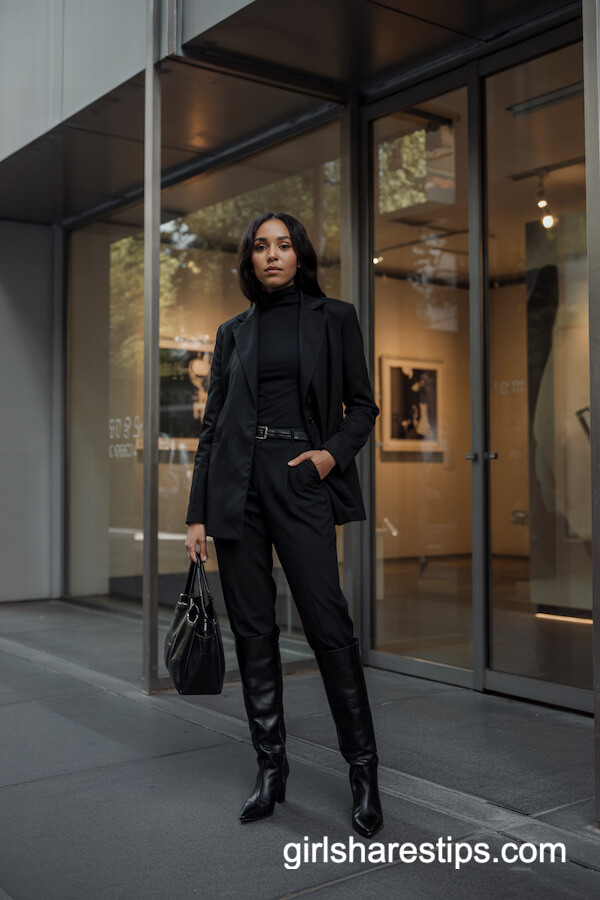 All-Black: Leather Boots, Tailored Trousers, and Turtleneck