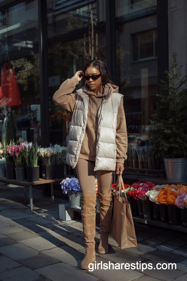 Tan Suede Boots with Leggings, Hoodie, and Puffer Vest