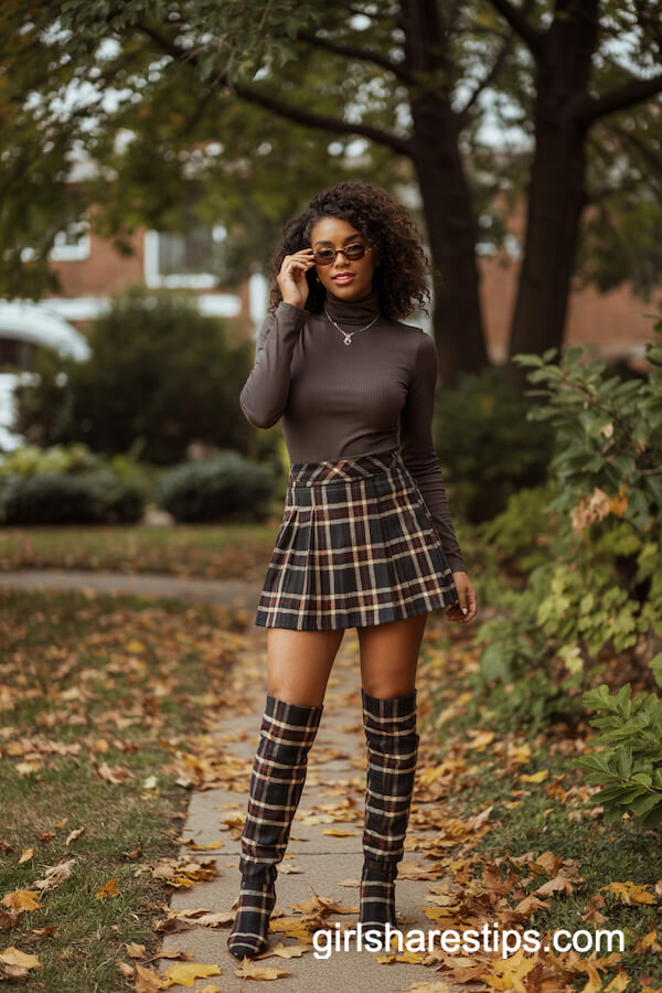 Plaid Knee High Boots with Pleated Mini Skirt
