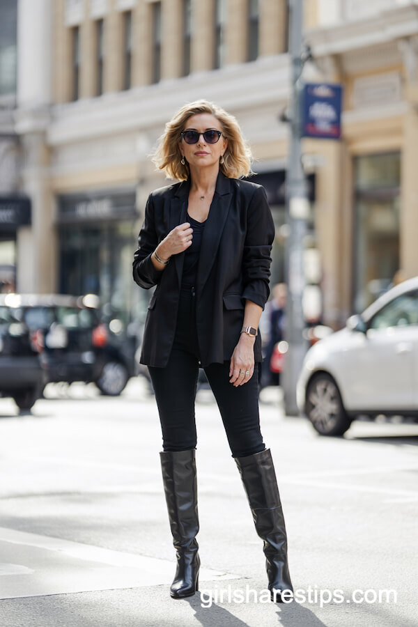 All-Black Blazer and Skinny Jeans with Leather Knee-High Boots