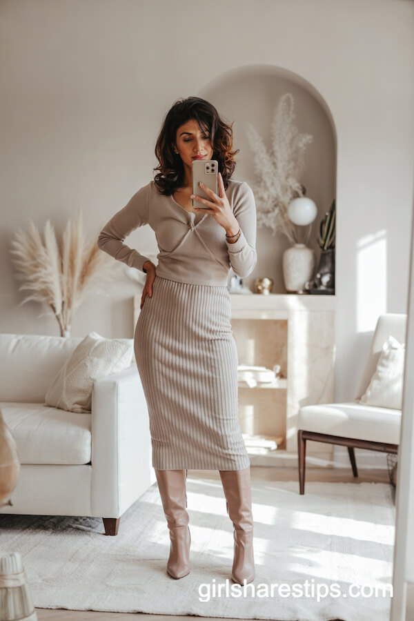 Stiletto Boots and Fitted Midi Dress Home Look