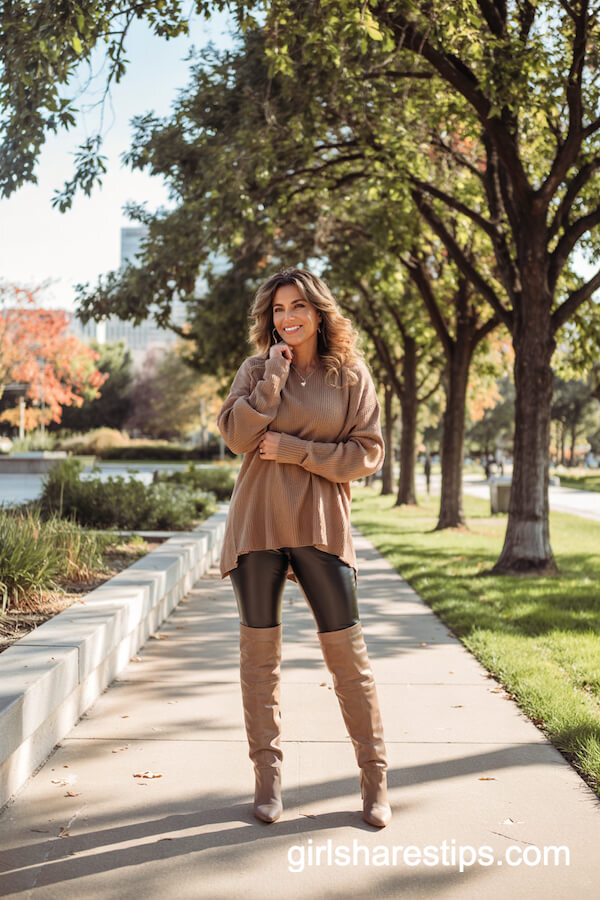 Faux Leather Leggings and Pointed Boots with Oversized Sweater