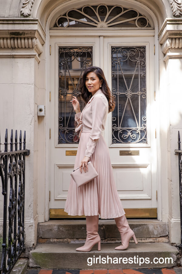 Pleated Dress and Blush-Pink Boots Feminine Look