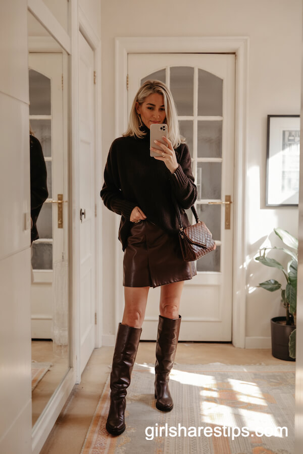 Chunky Turtleneck and Dark Boots with Wool Skirt