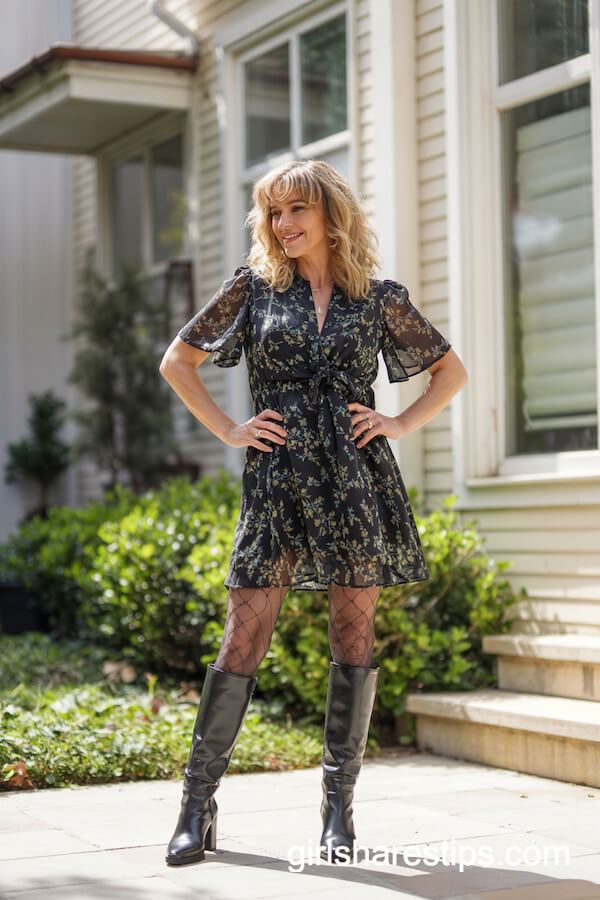 Black Floral Dress and Leather Boots Porch Outfit