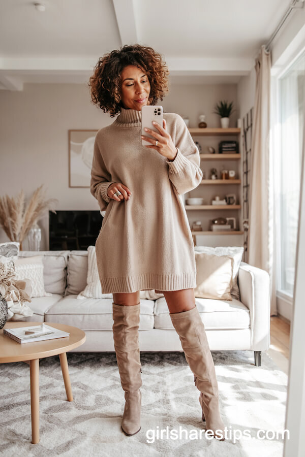 Sweater Dress and Suede Boots Mirror Selfie