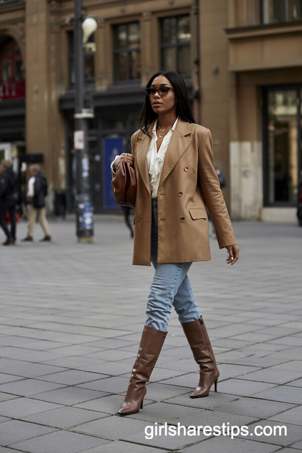 Double-Breasted Blazer and Stiletto Boots Street Style
