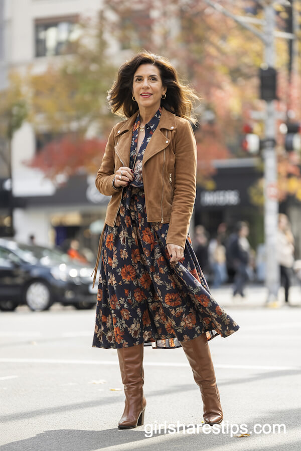 Floral Midi Dress and Brown Boots Fall Street Style