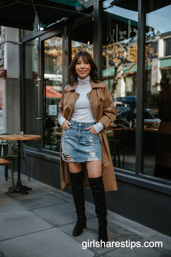 Denim Skirt and Black Boots with White Turtleneck