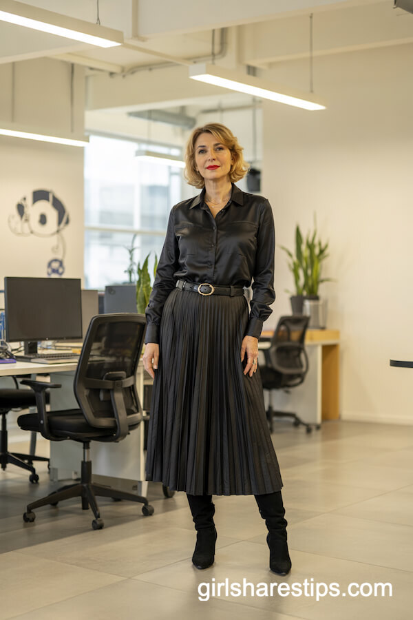 Pleated Midi Skirt and Black Boots Office Look