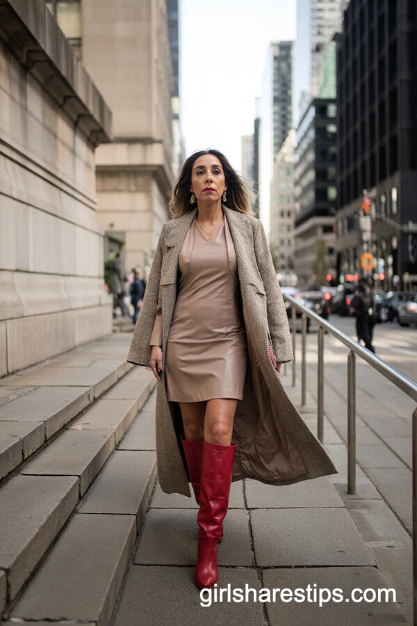 Red Boots and Gray Coat Chic City Outfit