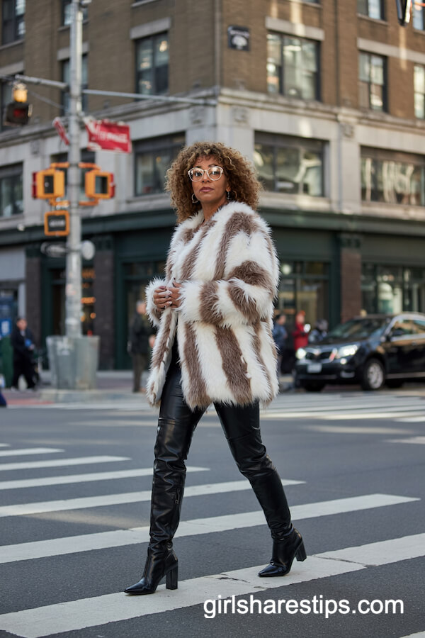 Faux Fur Coat and Black Leggings with Knee-High Boots