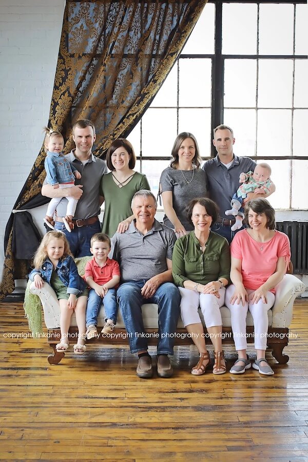 Coordinated Green, Gray, and Coral Family Outfits