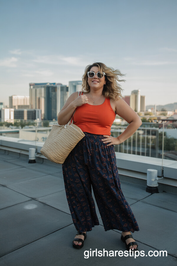 Orange Tank with Patterned Wide-Leg Pants