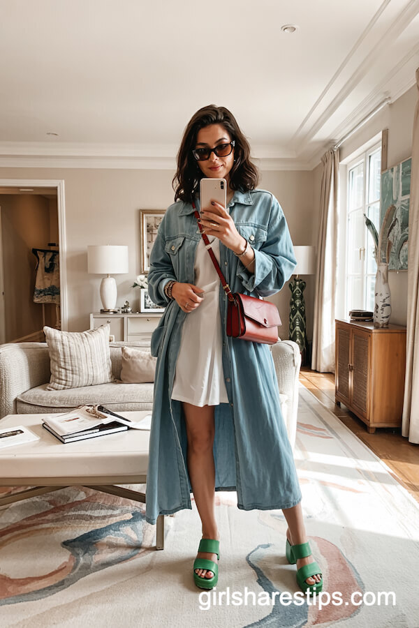 Oversized Denim Jacket and White Dress