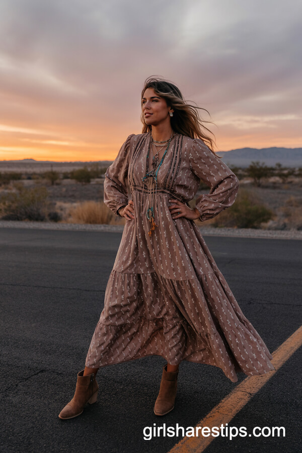 Boho Maxi Dress with Ankle Boots