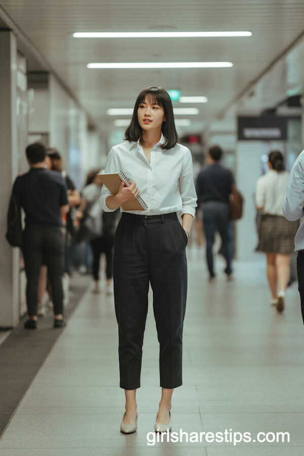 Crisp White Shirt with High-Waisted Black Cropped Trousers