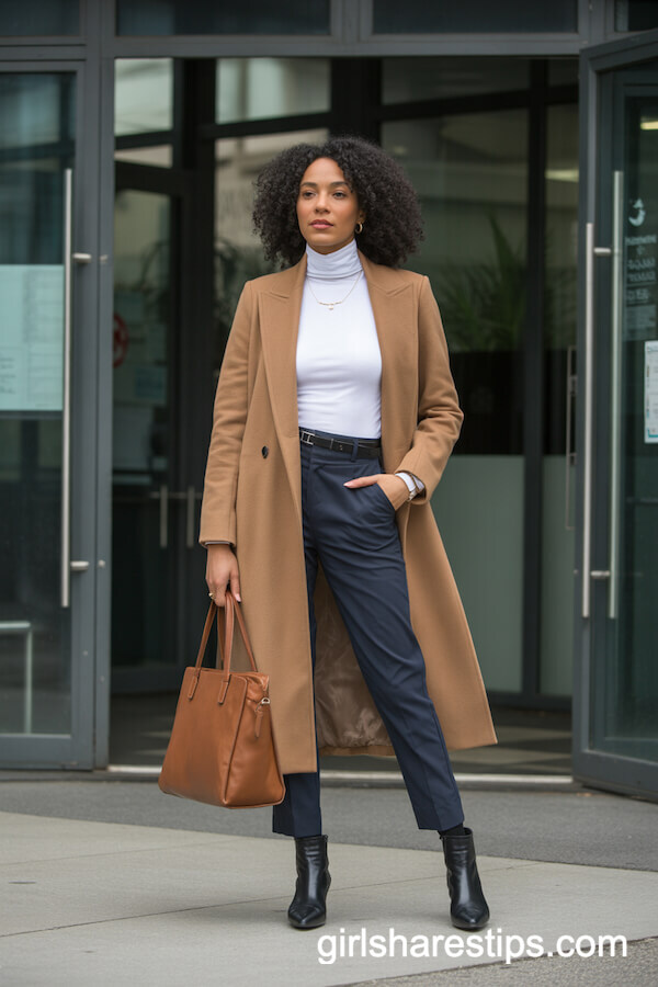 Slim-Fit Camel Coat with White Turtleneck and Navy Slacks