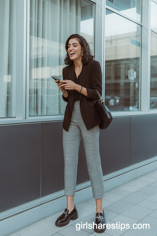 Black-and-White Plaid Ankle Pants with Solid Blouse