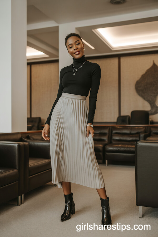 Soft Beige Pleated Midi Skirt with Black Turtleneck