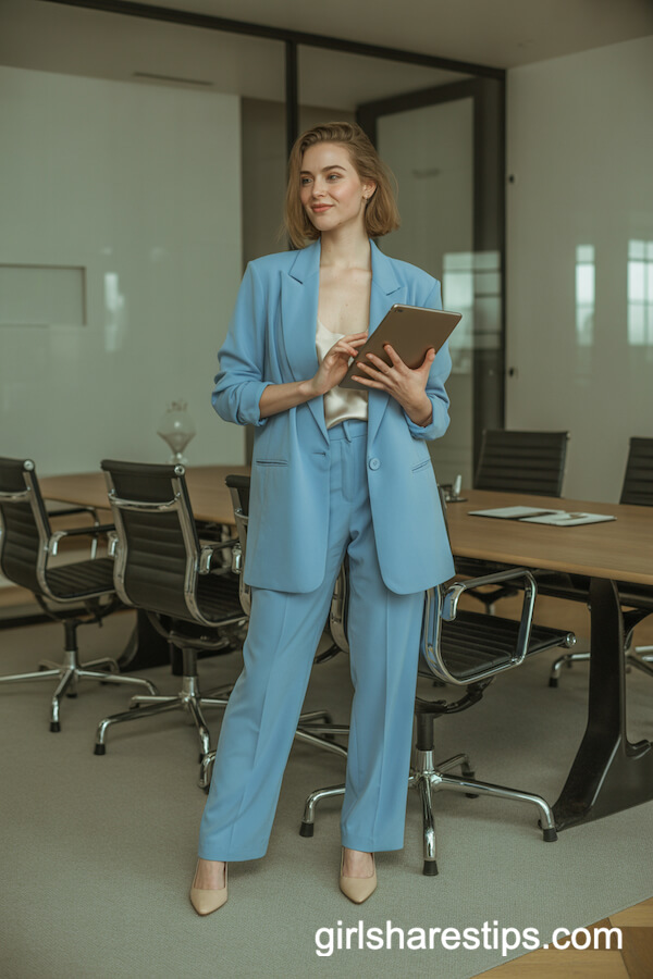 Soft Blue Tailored Power Suit with Silk Camisole