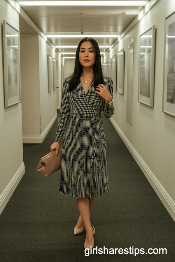 Knee-Length Printed Wrap Dress with Neutral Pumps