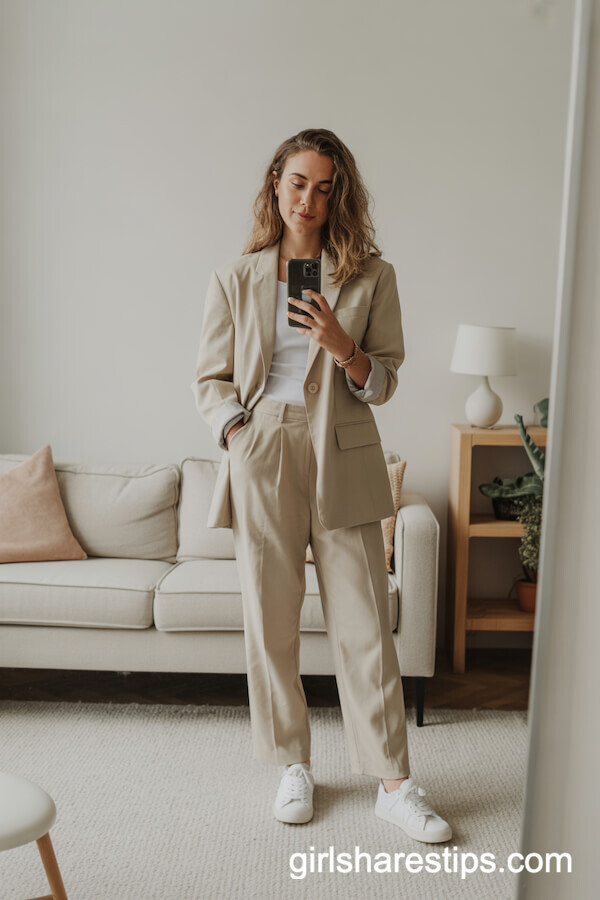Tailored Beige Co-ord Set with White Sneakers