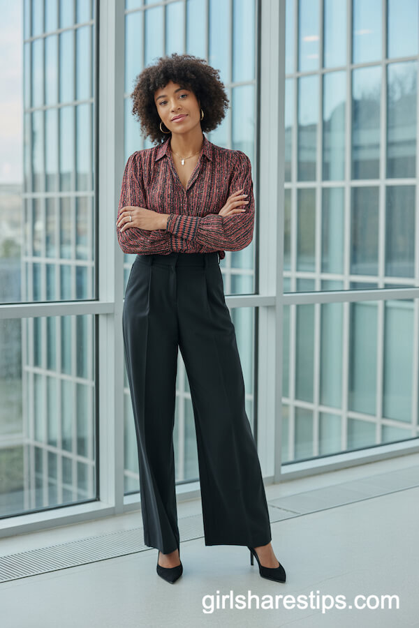 Vibrant Patterned Blouse with Black Wide-Leg Trousers