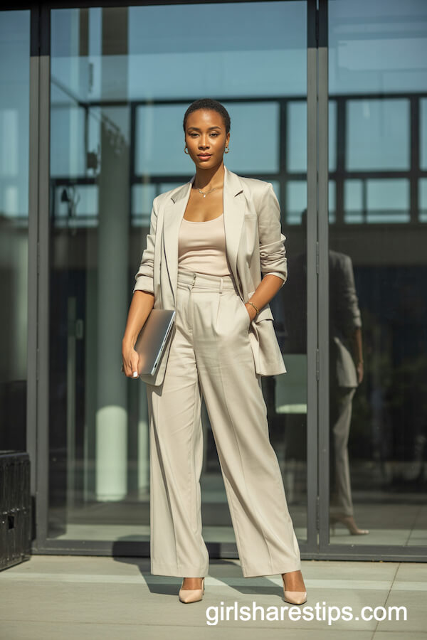 Chic All-Beige Blazer and Wide-Leg Trousers