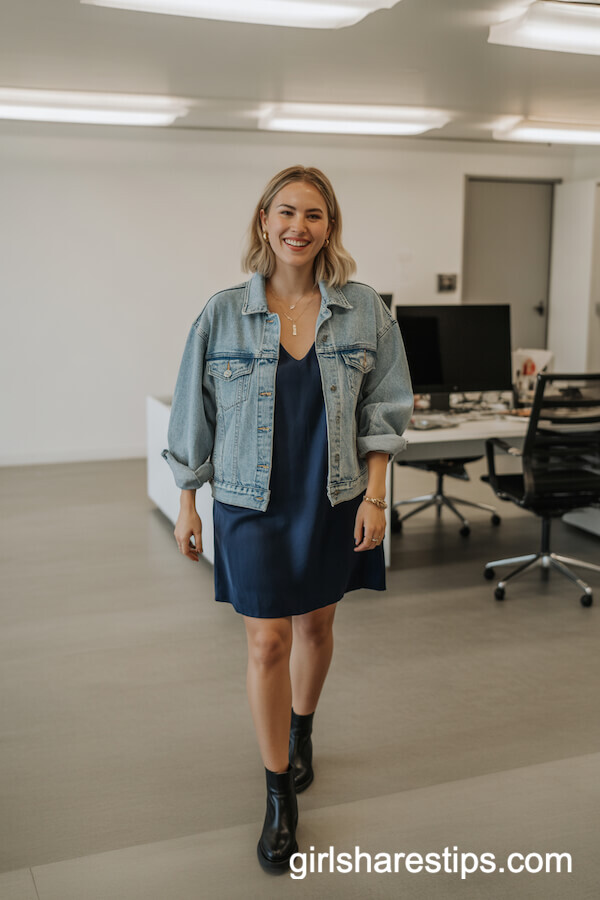 Navy Shift Dress with Light-Wash Denim Jacket