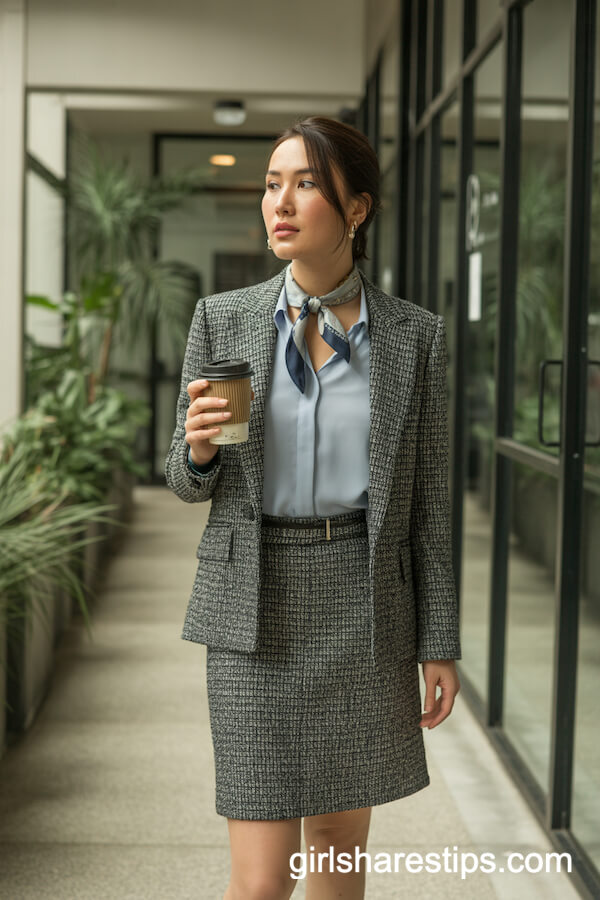 Grey Tweed Skirt Suit with Light Blue Blouse