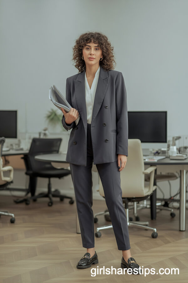 Double-Breasted Charcoal Blazer with White Blouse