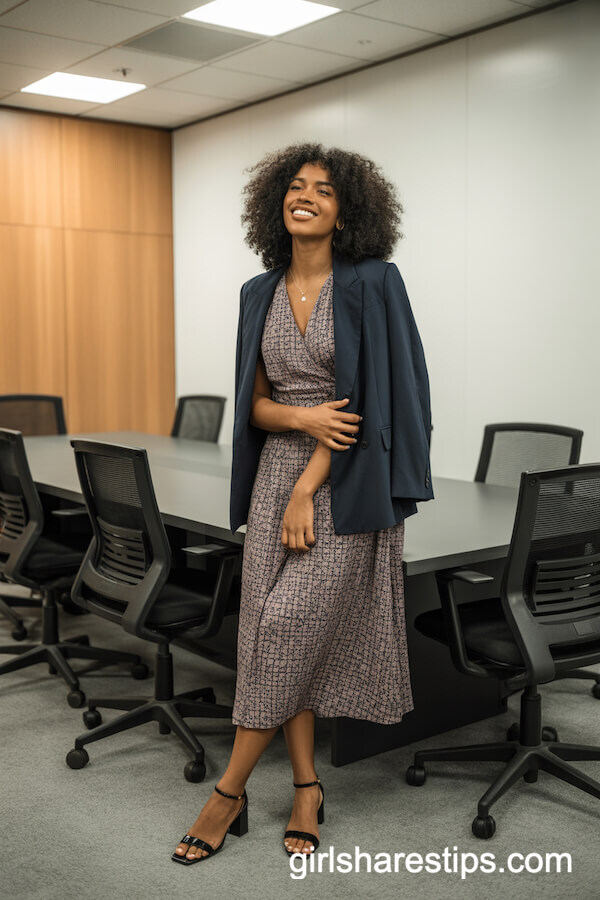 Patterned Midi Wrap Dress with Navy Blazer