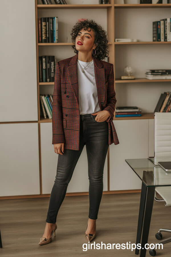 Bold-Patterned Blazer with White Tee and Skinny Jeans