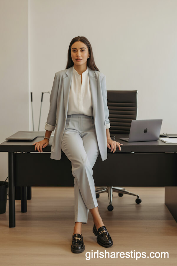 White Blouse with Light Grey Layered Blazer