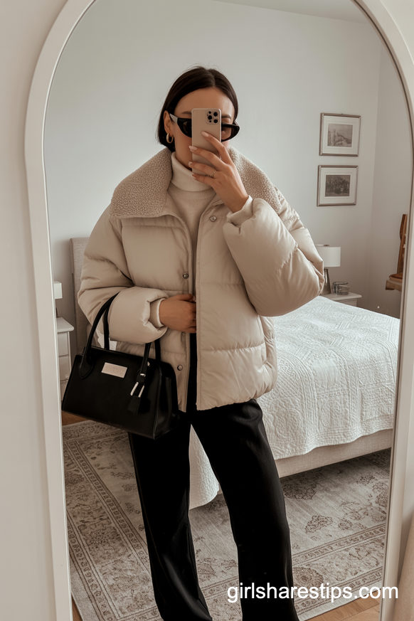 Cream Puffer And Wide-Leg Pants For Winter Campuses