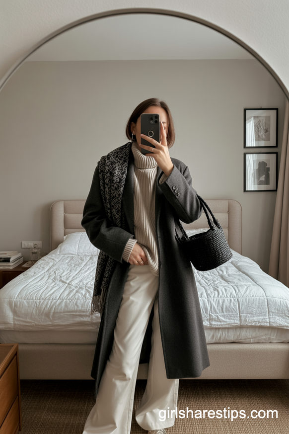 Turtleneck, Long Coat, And White Pants For Library Marathons