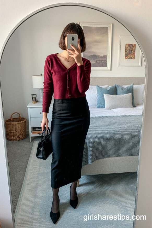 Burgundy Cardigan And Black Pencil Skirt For Seminar Days