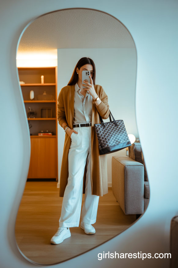 Camel Long Cardigan And White Trousers For Smart Casual Vibes
