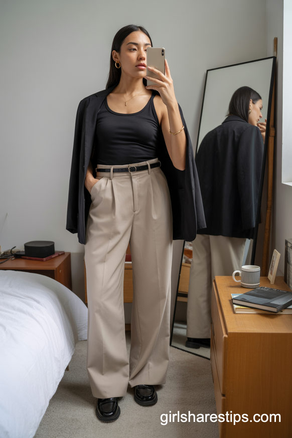Blazer, Tank, And Wide-Leg Trousers For Apartment-To-Campus Days
