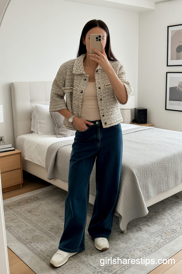 Tweed Jacket And Wide-Leg Denim For Smart Casual Days