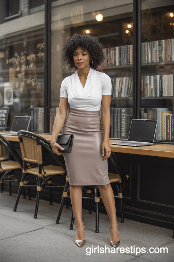 Taupe Pencil Skirt with Cowl Neck Top