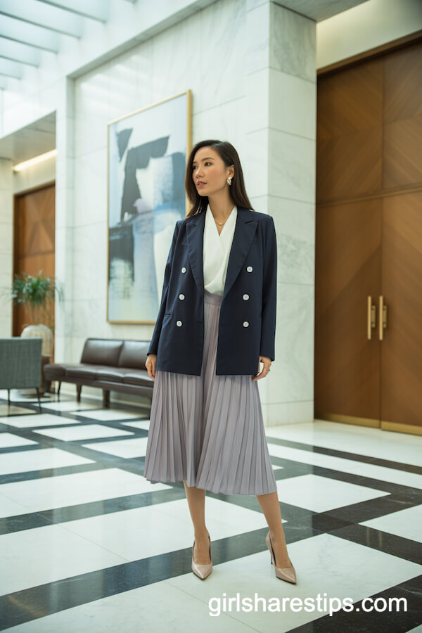 Pale Grey Silk Midi Skirt with Navy Blazer